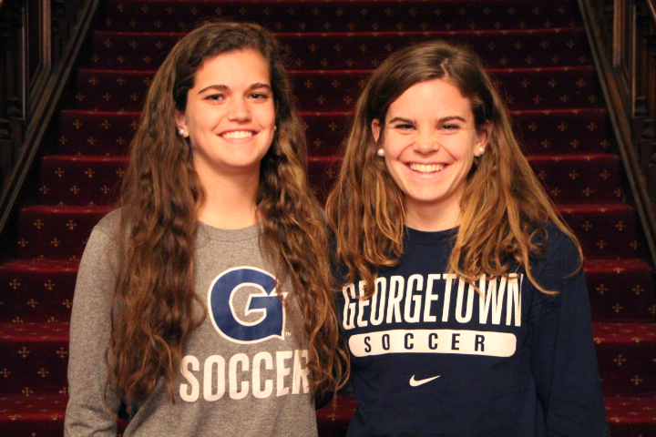FILE PHOTO: CLAIRE SOISSON/THE HOYA
Senior midfielder Rachel Corboz, left, and her sister Daphne (COL 17), both led the Hoyas in points during their time with Georgetown womens soccer.