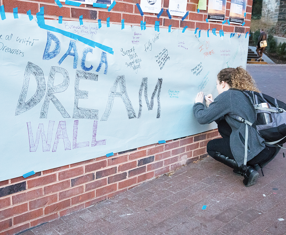 ALI ENRIGHT FOR THE HOYA
The weeklong GUHereToStay campaign featured a “Dream Wall” in Red Square, where students wrote messages of support to the undocumented community.