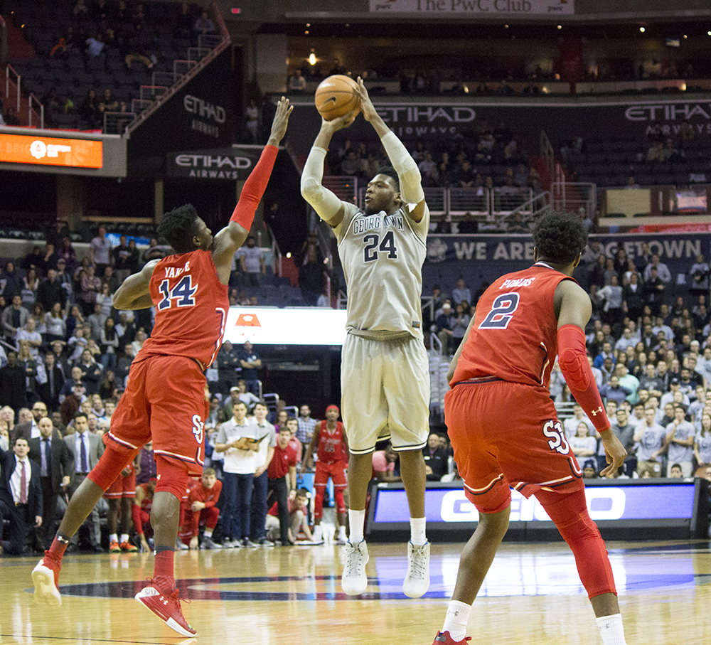 RICHARD SCHOFIELD/THE HOYA
Junior forward Marcus Derrickson scored a career-high 27 points while grabbing 11 rebounds in Georgetowns 93-86 double-overtime victory against St. Johns.