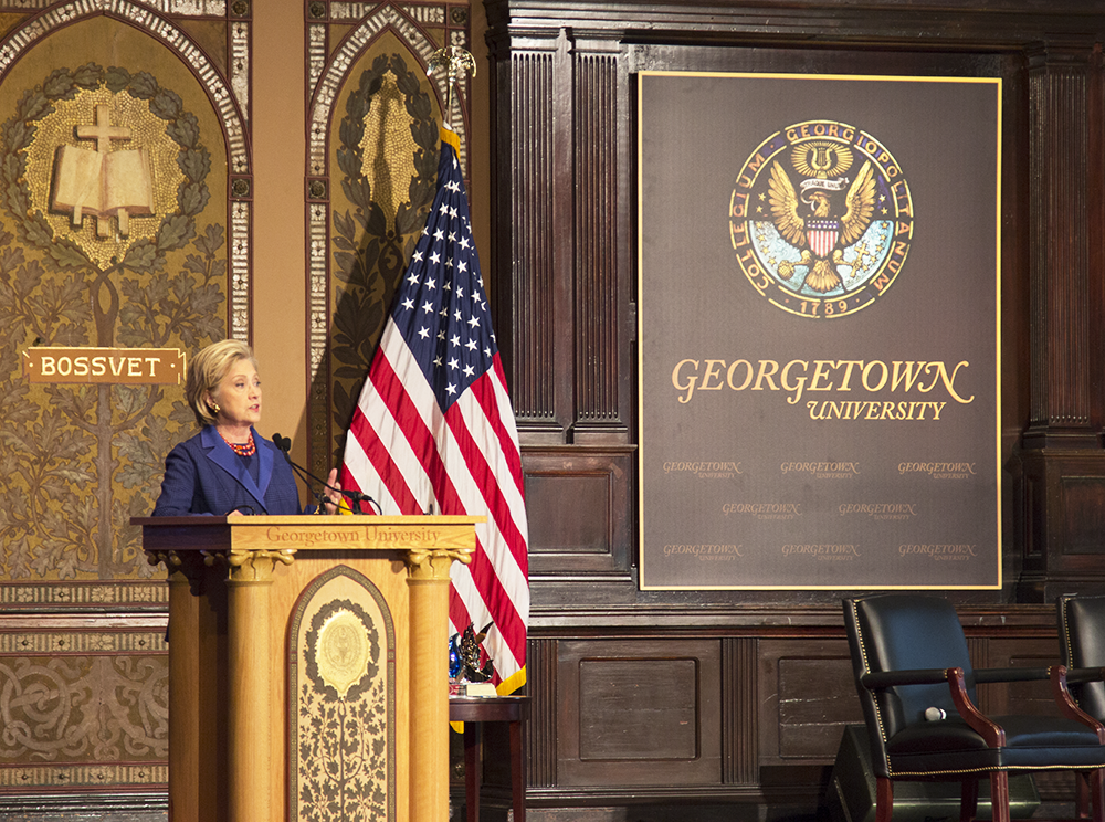 ANNA KOVACEVICH/THE HOYA Former Secretary of State Hillary Clinton was the keynote speaker at  this year’s Hillary Rodham Clinton Awards for Advancing Women in Peace and Security ceremony in Gaston Hall on Monday.