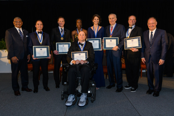 GUHOYAS
Georgetown's Athletic Hall of Fame Inducted seven new members on Feb. 9. From left to right: Stephen Iorio, Daniel Martin, Ebiho Ahokhai, Melissa Tytko, Paul Tagliabue, Matthew Rienzo and Janne Kouri, front.