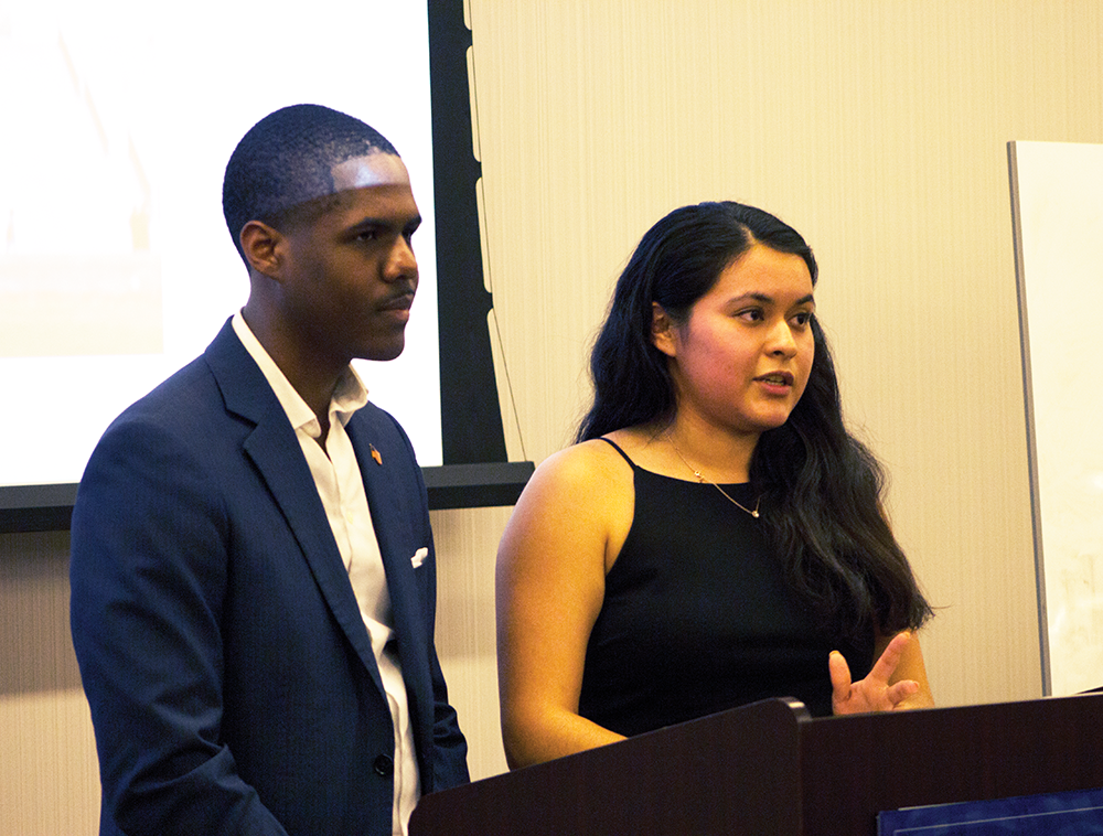SHEEL PATEL FOR THE HOYA
Georgetown University Student Assosciation President, Kamar Mack (COL ’19), left, and Vice President, Jessica Andino (COL ’18) reflect during their first State of the Campus Address.