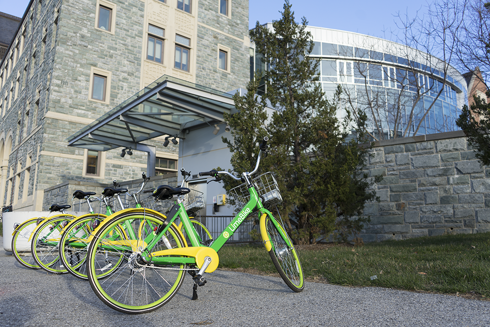 SHEEL PATEL FOR THE HOYA
A collaboration with the deckles bikeshare company Limebike has brought 35 brightly colored bikes to campus for student use.