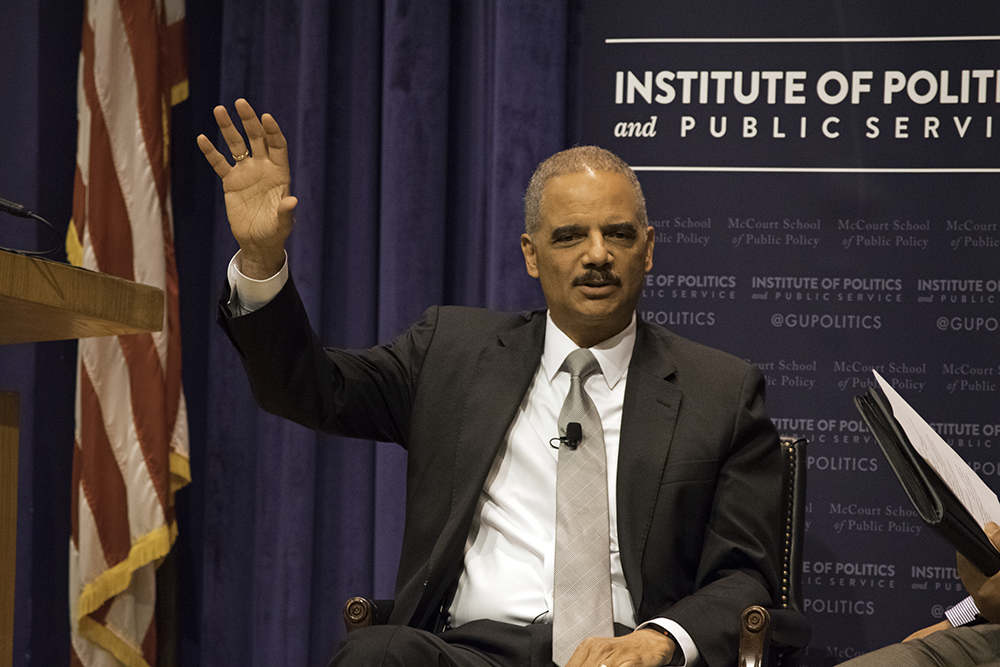 WILL CROMARY/THE HOYA Former Attorney General Eric Holder, a Democrat, described his battle against partisan gerrymandering in an event hosted by the Institute of Politics and Public Service on Monday.
