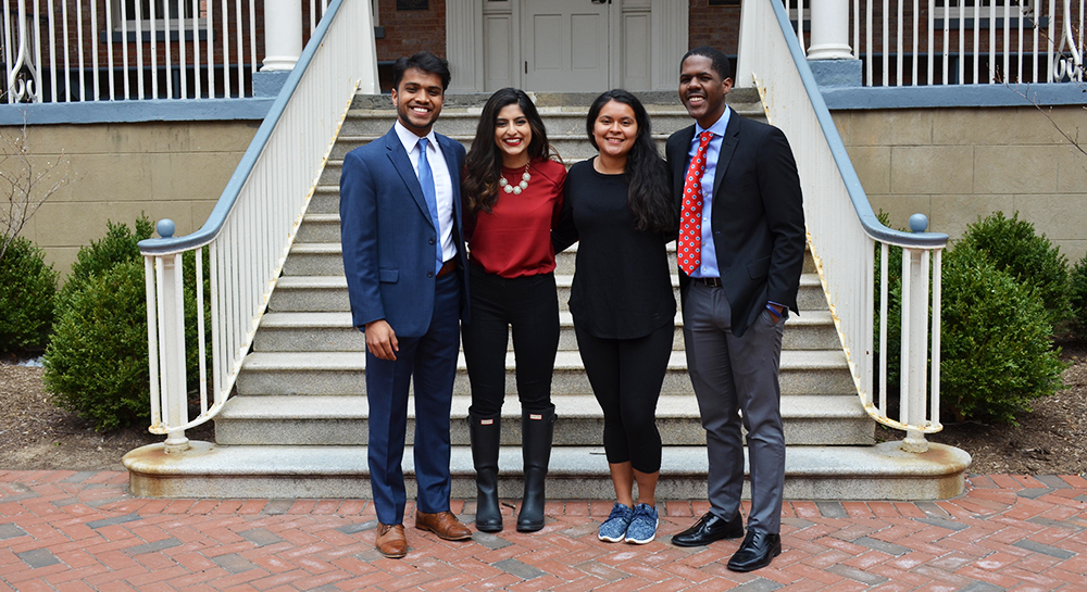 COURTESY MARGAUX FONTAINE Sahil Nair (SFS’19) and Naba Rahman (SFS’19) were officially sworn in as president and vice president, respectively, of the Georgetown University Student Association on the front steps of Georgetown’s McCourt School of Public Policy Saturday. 