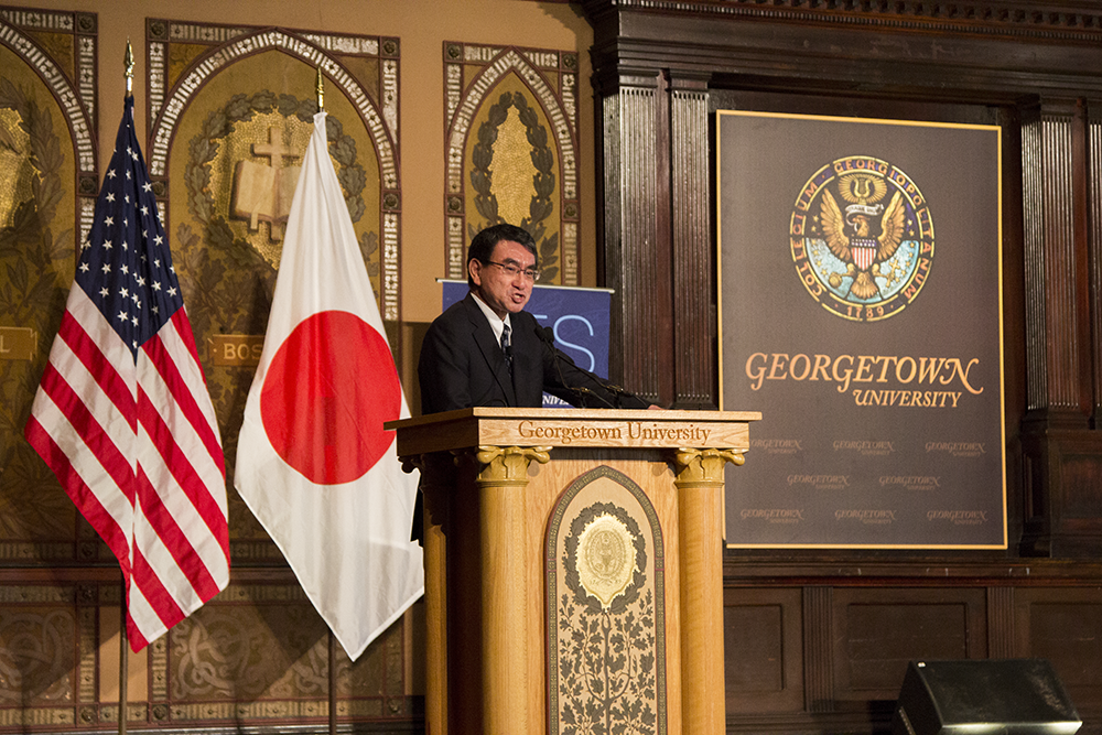 AMY LI FOR THE HOYA Japanese Foreign Minister Taro Kono (SFS 86) called for a multinational effort to defend the current political atmosphere from challenges to its democratic values at an event in Gaston Hall Sept. 28.