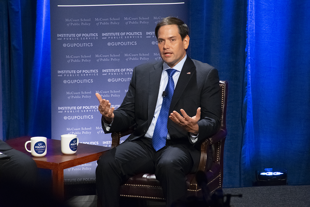 AMBER GILLETTE/THE HOYA Sen. Marco Rubio (R-Fla.) encouraged political leadership to pursue bipartisan policy in the face of an increasingly divisive political atmosphere at an event Monday evening in Lohrfink Auditorium.