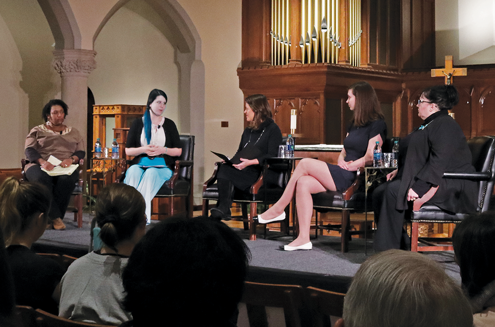 AMY LI FOR THE HOYA | From left to right: Gloria Purvis, Aimee Murphy, Kim Daniels, Julia Greenwood (COL 19) and Serrin Foster advocated against abortion   at a panel in Dahlgren Chapel.