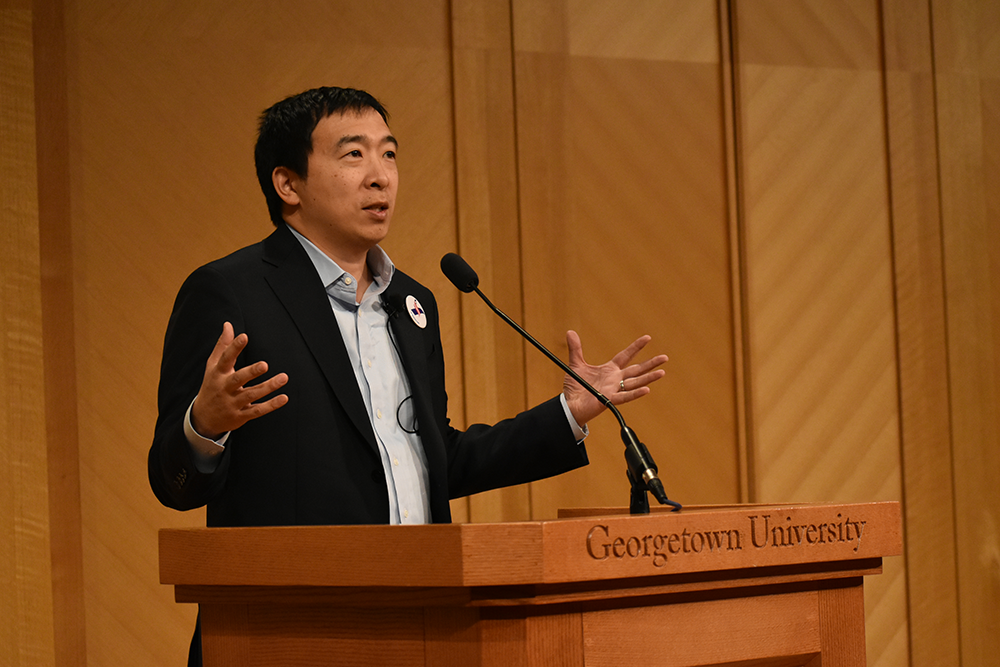 MARGARET FOUBERG FOR THE HOYA | 2020 Democratic presidential candidate Andrew Yang advocated for a basic income in the United States in an event in Lohrfink Auditorium on Tuesday.