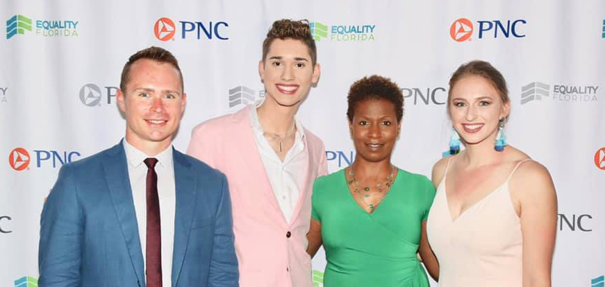 UNBROKEN HORIZONS SCHOLARSHIP FOUNDATION INC Unbroken Horizon board member Kyle Fortenberry, President and Founder Seth Owen, Vice President Zenja Key Stallworth and board member Kaylee Petik attend the Equality Florida Great Jacksonville Gala to accept recognition for their work on behalf of LGBTQ high school students.