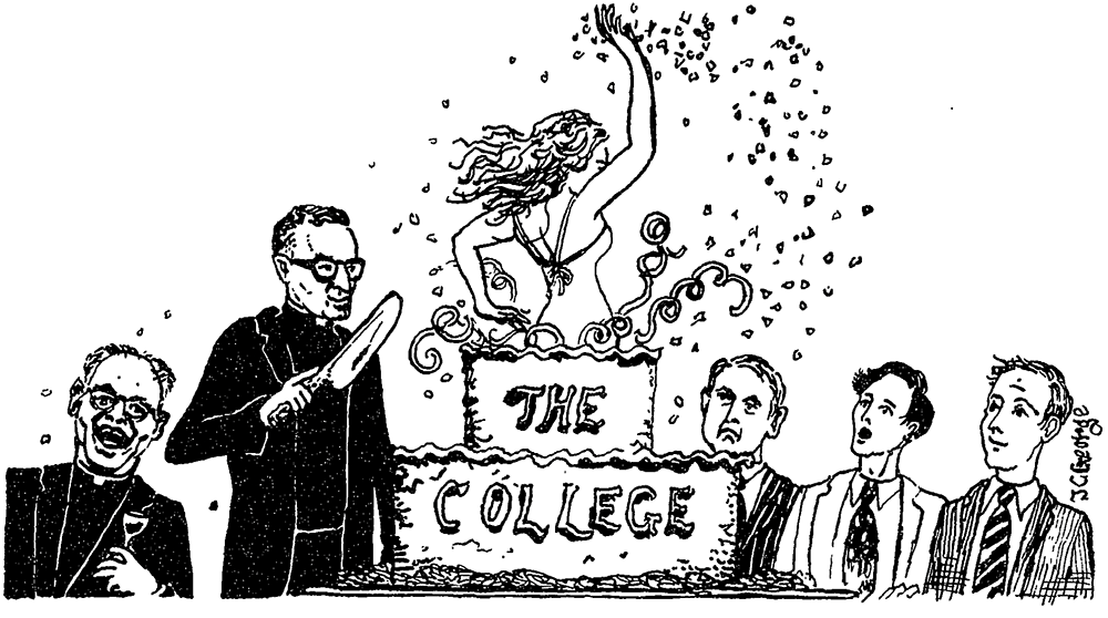 THE HOYA 1968 | After the board of directors approved admitted women into the College, a May 1968 cartoon in The Hoya showed a woman popping out of a cake, surrounded by men showing faces of amusement, shock and disapproval. Women first attended the College in 1969. By 1976, half of the student body was female; now, women comprise 56 percent of the student body. 