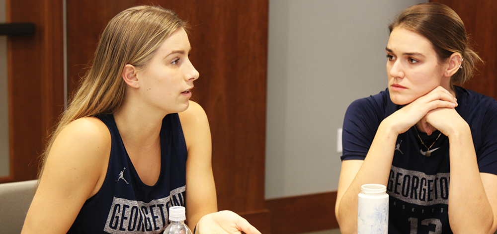 AMBER GILETTE/THE HOYA | Sophomore guard Nikola Kovacikova, left, and senior forward Anita Kelava, right, are among the players in position to replace the scoring lost from last years greaduating class.