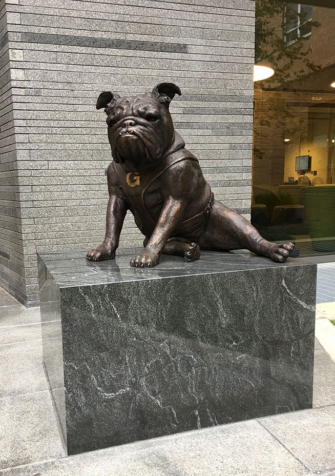 YICHU HUANG FOR THE HOYA | The new Jack the Bulldog statue, inspired by Jack Sr., was revealed outside HFSC on Sept. 24 