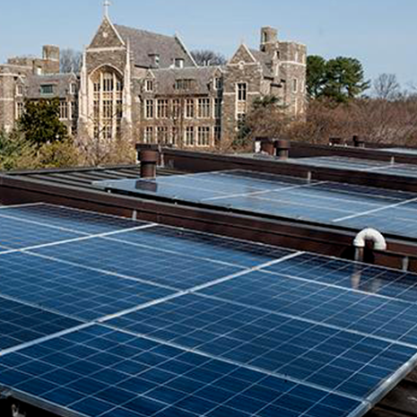 GEORGETOWN UNIVERSITY | Transitioning to directly sourcing clean energy, Georgetown University announced it will source two-thirds of its energy needs through solar panel power purchased from plants.