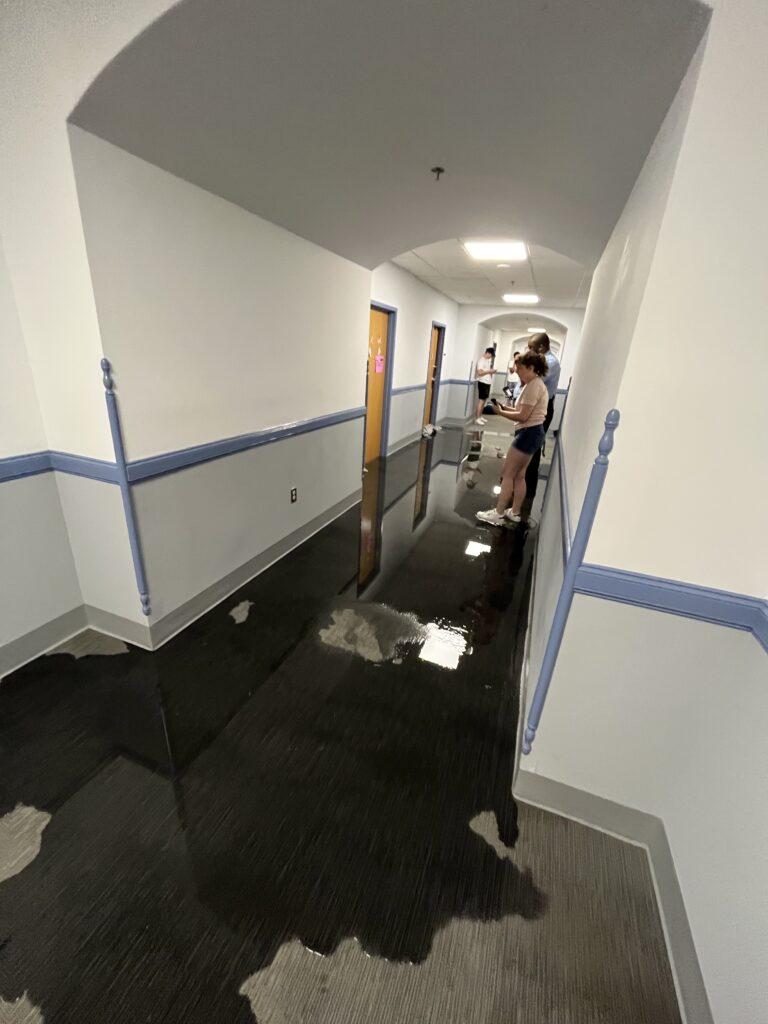 Photo courtesy of Emma Vonder Haar | A private bathroom in Copley Hall, a freshman residential building, flooded and forced students to live in the Georgetown Hotel for several days.