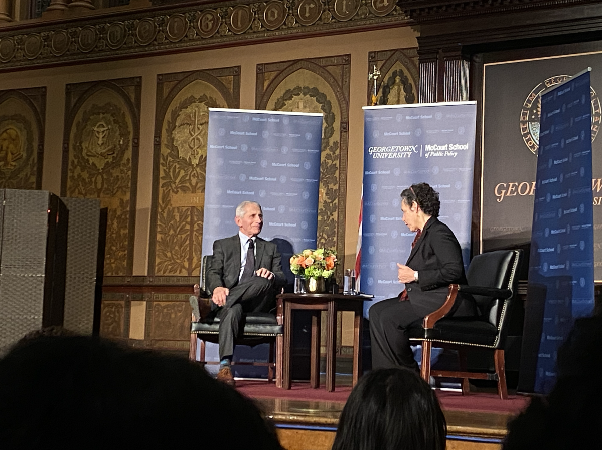 Maren Fagen/The Hoya | Dr. Anthony Fauci, a former adviser to the President for pandemic response, reflected on the legacy of the COVID-19 pandemic during the annual Whittington Lecture hosted by the McCourt School of Public Policy on Feb. 1. 