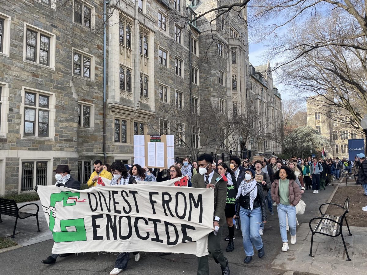 Over 120 Georgetown University students, faculty and staff walked out from their classes and activities on Feb. 8 to urge the university administration to divest from corporations developing technology for the Israeli military and to deliver a community statement to the Office of the President.