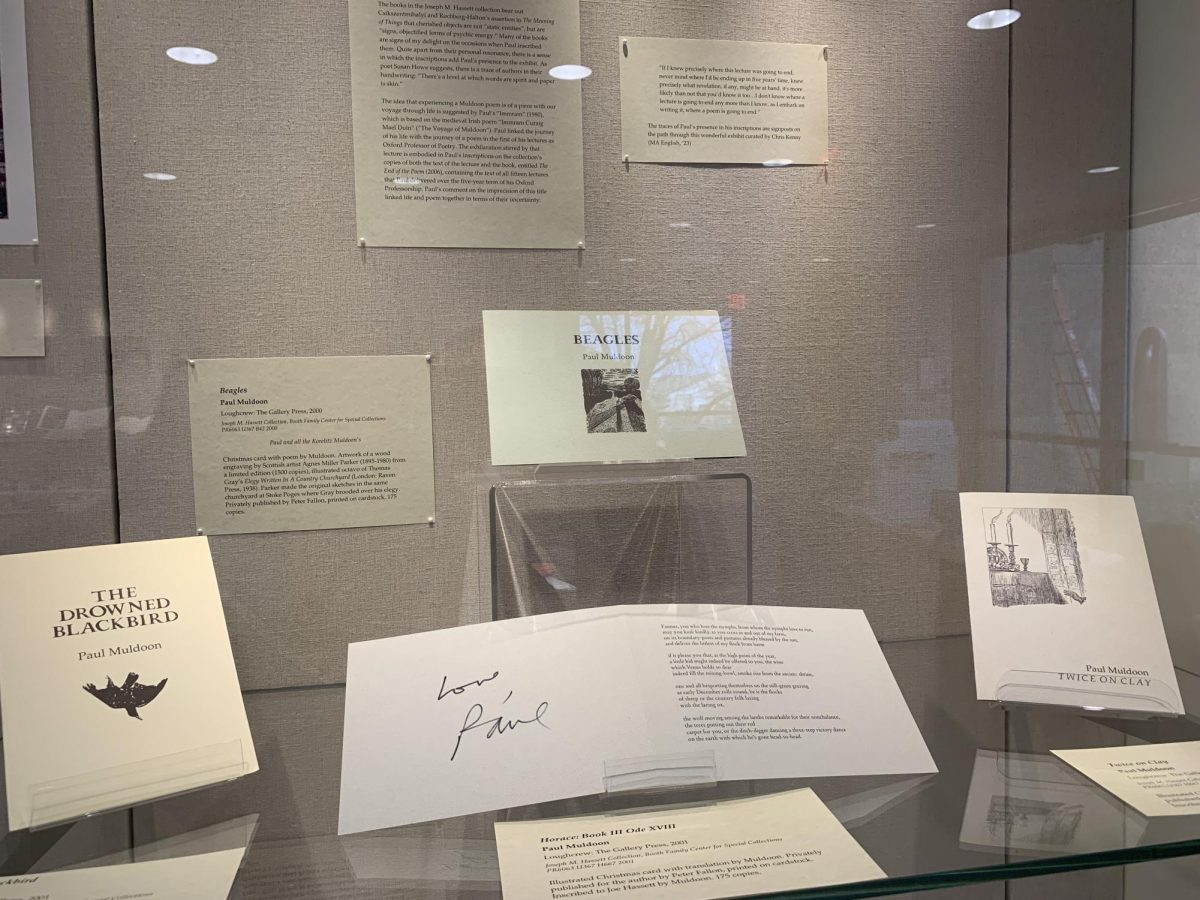 Kate Hwang/The Hoya | A recent Georgetown graduate curated a new exhibition in Lauinger Library on renowned Irish poet Paul Muldoon, which is open for viewing from March 1 to May 31.
