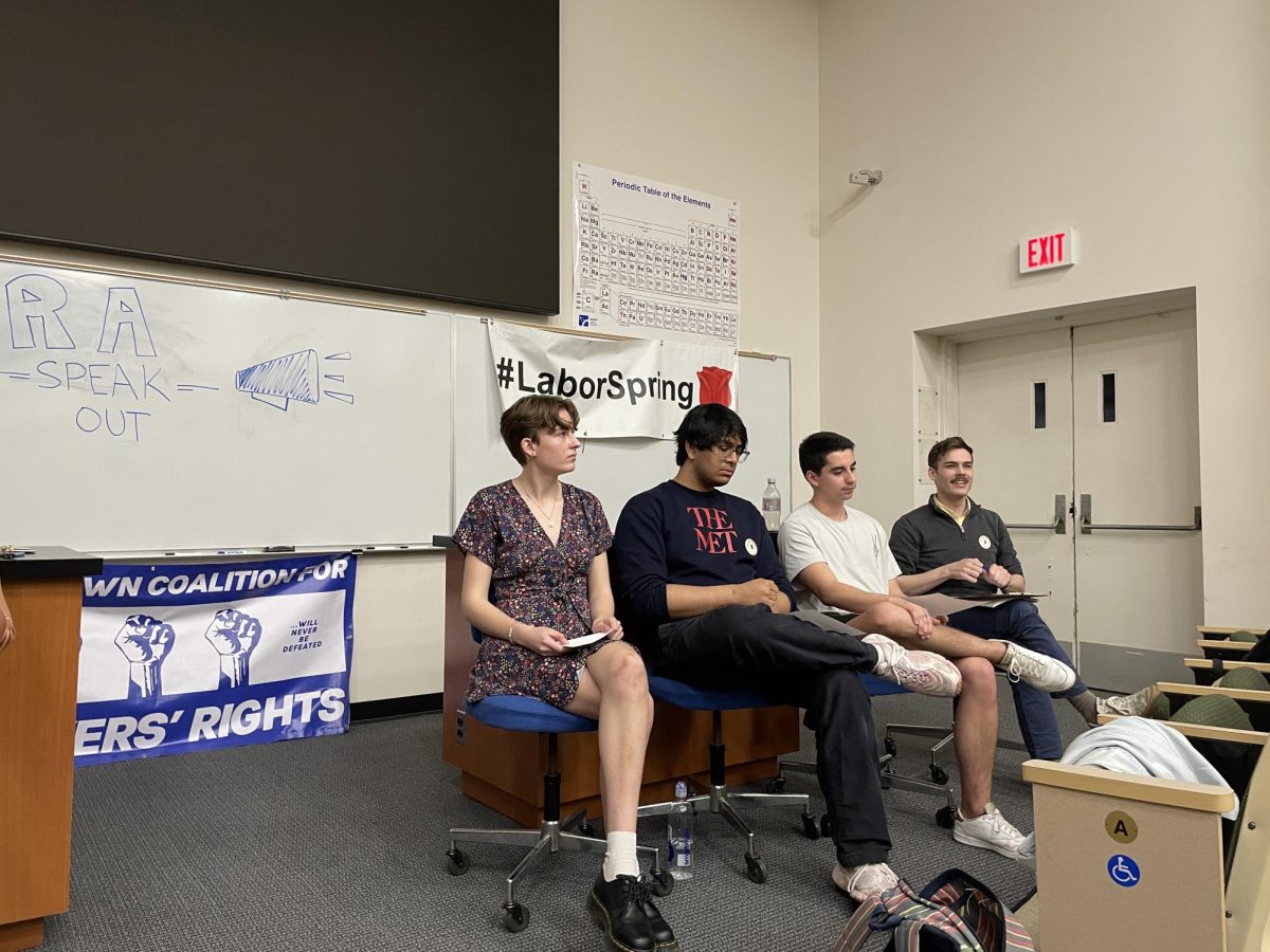 Aamir Jamil/The Hoya | The Georgetown University residential assistants (RAs) urged students to support their calls to unionize at an April 11 panel, with RAs Izzy Wagener, Aayush Murarka, Nico Reyes, and Samuel Lovell sharing their experiences.