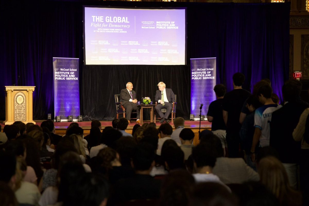 @GUPolitics/X | Former Prime Minster of the United Kingdom Boris Johnson talked the state of democracy worldwide, foreign policy issues such as Ukraine and the conflict between Israel and Hamas and his tenure as Prime Minister in an April 11 conversation in Gaston Hall.