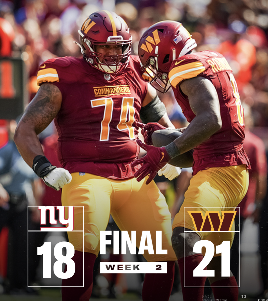 Commanders celebrate after beating the Giants 21-18