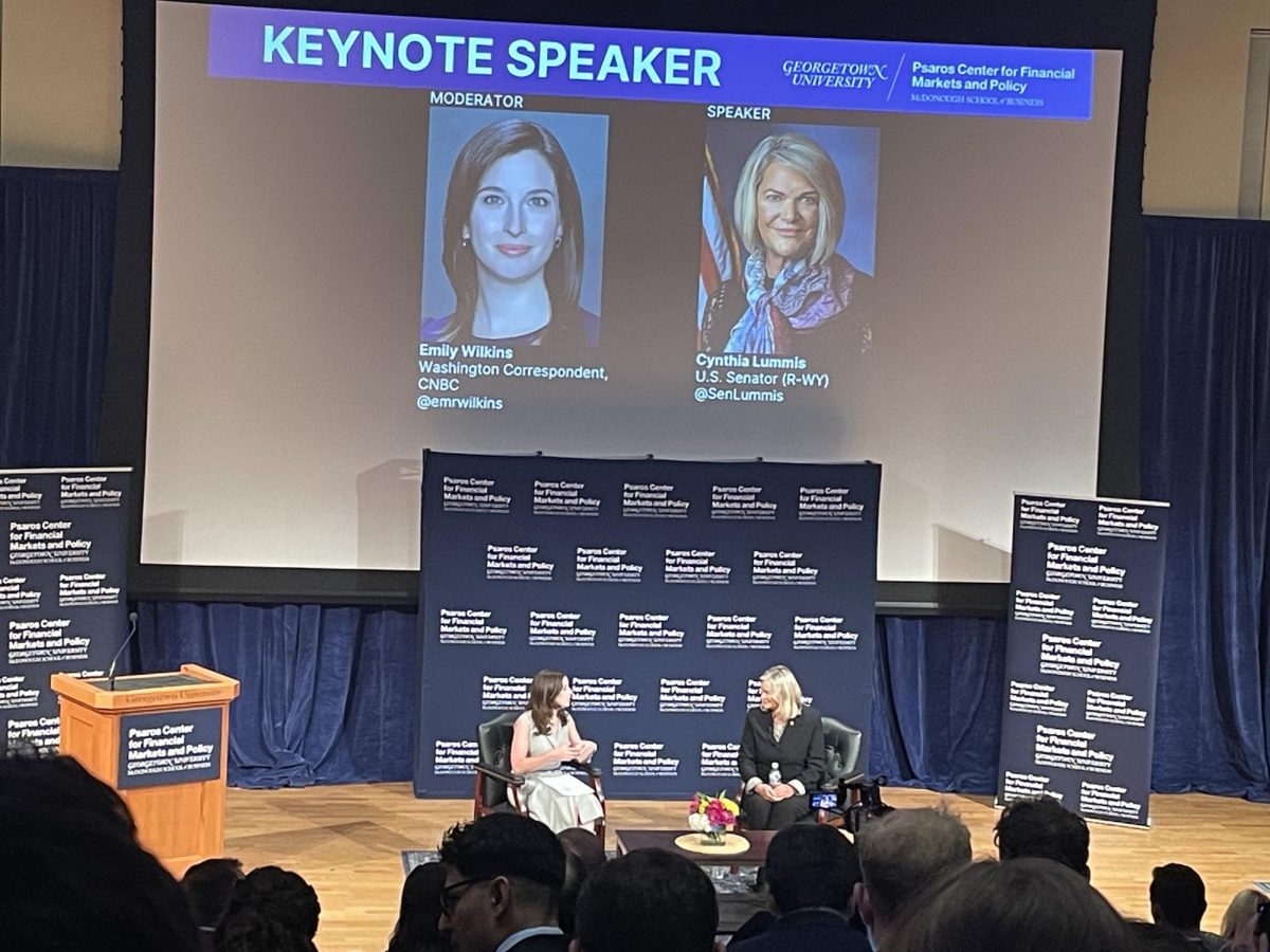 Aamir Jamil/The Hoya | Legislators and bank leaders speculated on the future of cryptocurrency and the impact of current events on financial markets at the Financial Markets Quality Conference, held by the Psaros Center, Sept. 17.