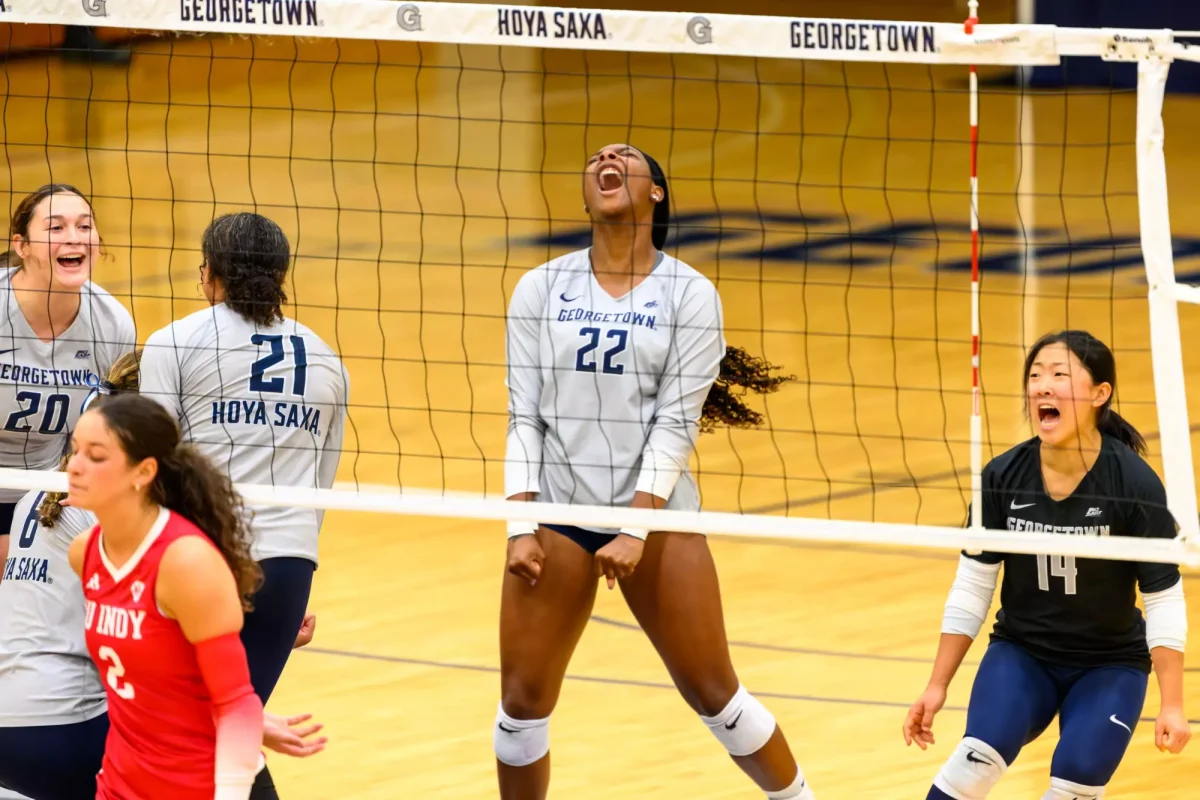 Freshman hitter Diona Mitchell and senior libero Karis Park roar in approval after a point against the Indiana University Indiniapolis Jaguars at the D.C. Showdown on Friday, Sept. 13. The Hoyas took three victories across the tournament. 
