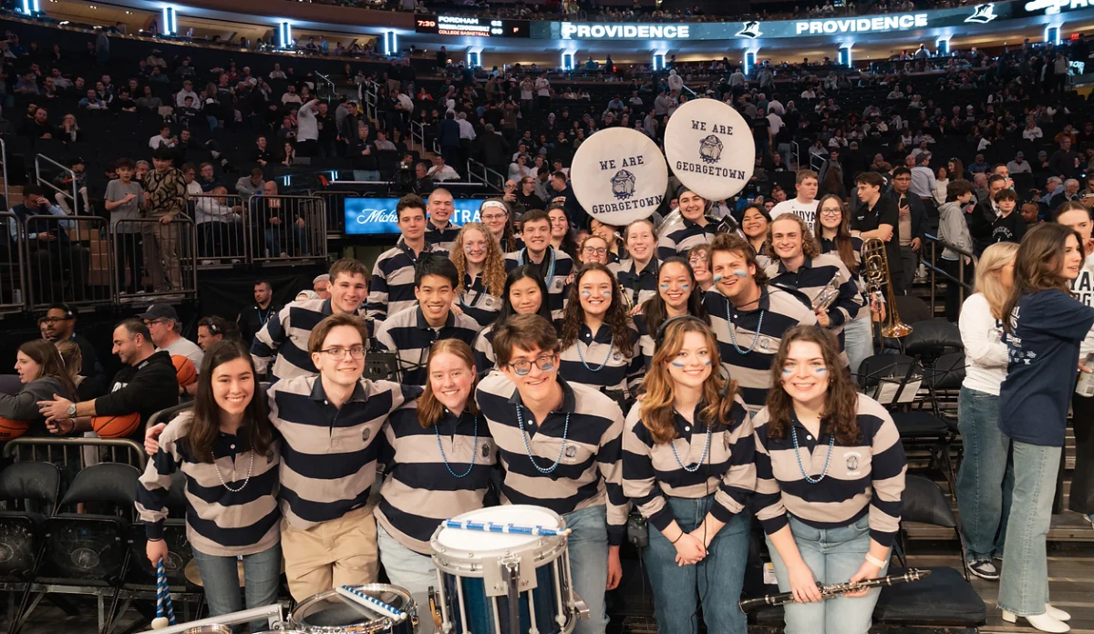 The Georgetown Pep Band supports students in expressing their school spirit at a variety of sports games including basketball, soccer and lacrosse.