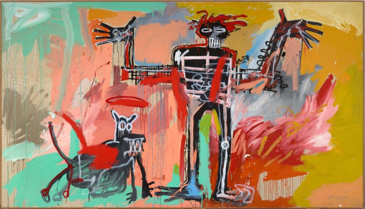 Jean-Michel Basquiat, Boy and Dog in a Johnnypump, 1982. Acrylic, crayon, and spray paint on canvas; 96 × 164 in. (240 × 420 cm). Private collection. All images by Jean-Michel Basquiat, all likenesses of Jean-Michel Basquiat, and all use of Jean-Michel Basquiat's name © Estate of Jean-Michel Basquiat. Licensed by Artestar, New York
