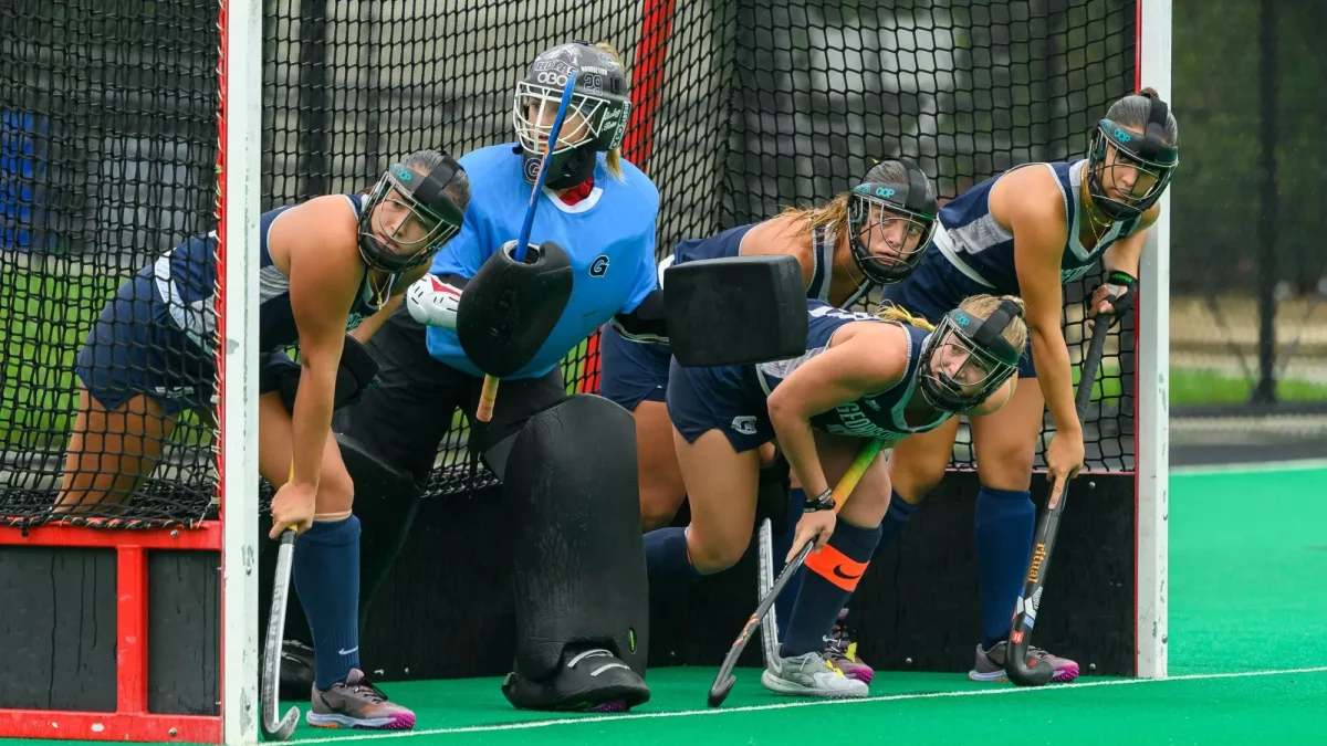 The Hoyas ready their defense while preparing to guard against a penalty shot from the Huskies. (Rafael Suanes/The Hoya)