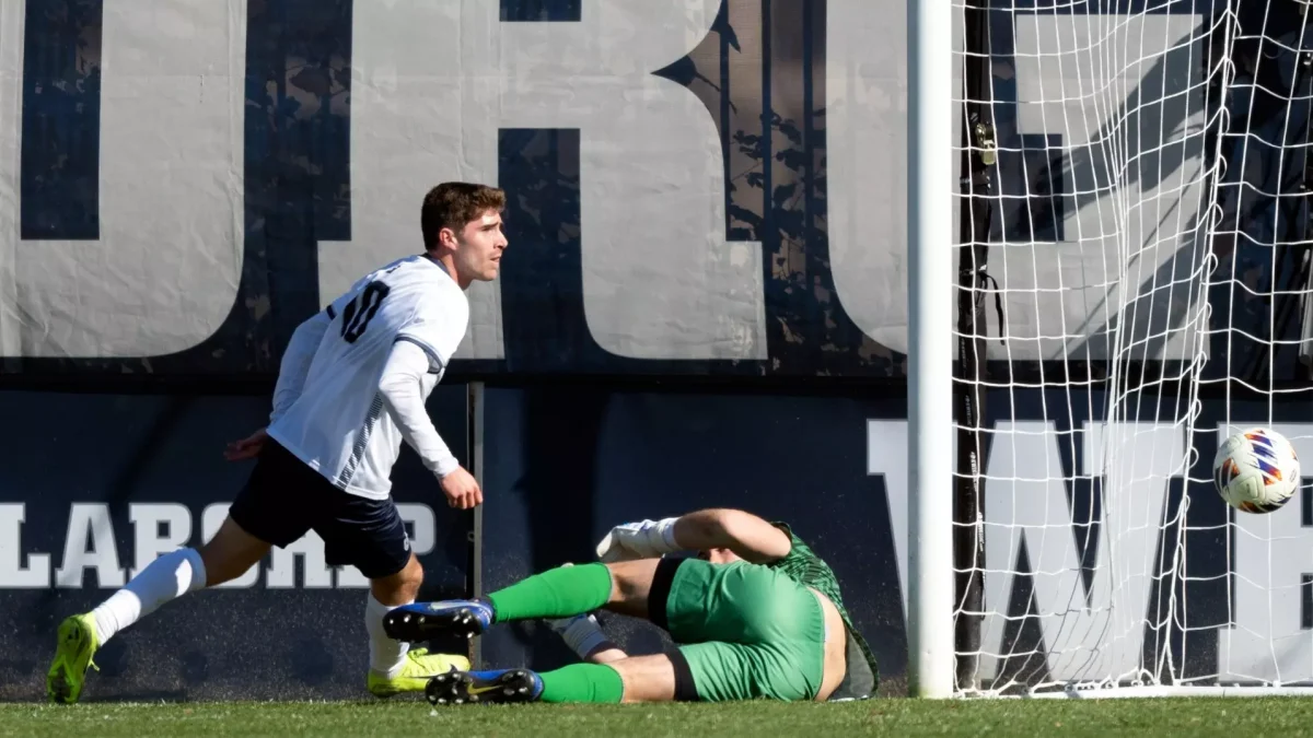 Sophomore midfielder Mateo Ponce Ocampo stares down his shot at goal after dismantling the Creighton's goalie.