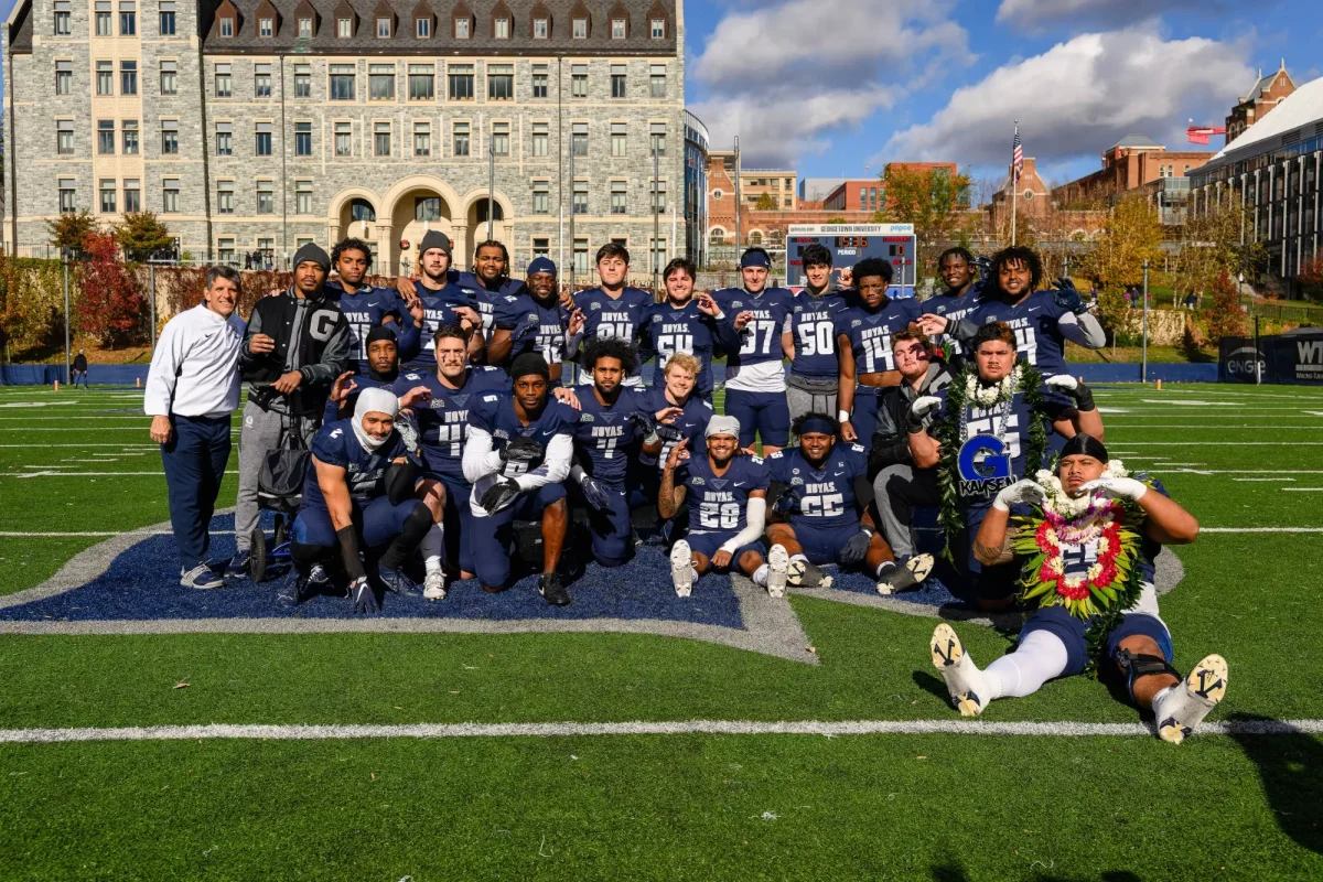 Georgetown football’s seniors celebrated the end to their college careers after playing the Holy Cross Crusaders on Saturday, Nov. 23. Their group saw the program’s emergence out of the pandemic and have spurred the Hoyas’ upward trajectory this season. (GUHoyas)