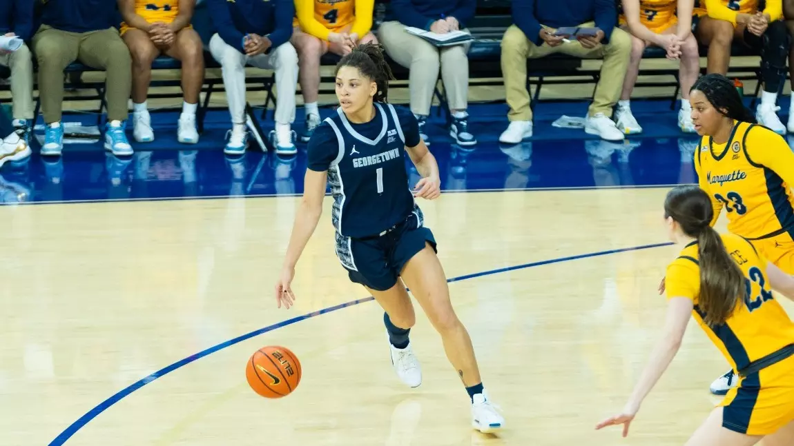 Graduate guard Kelsey Ransom handles the ball against Marquette. The Hoyas were dealt a crushing 75-58 loss by the Golden Eagles Jan. 25. (GU Hoyas)