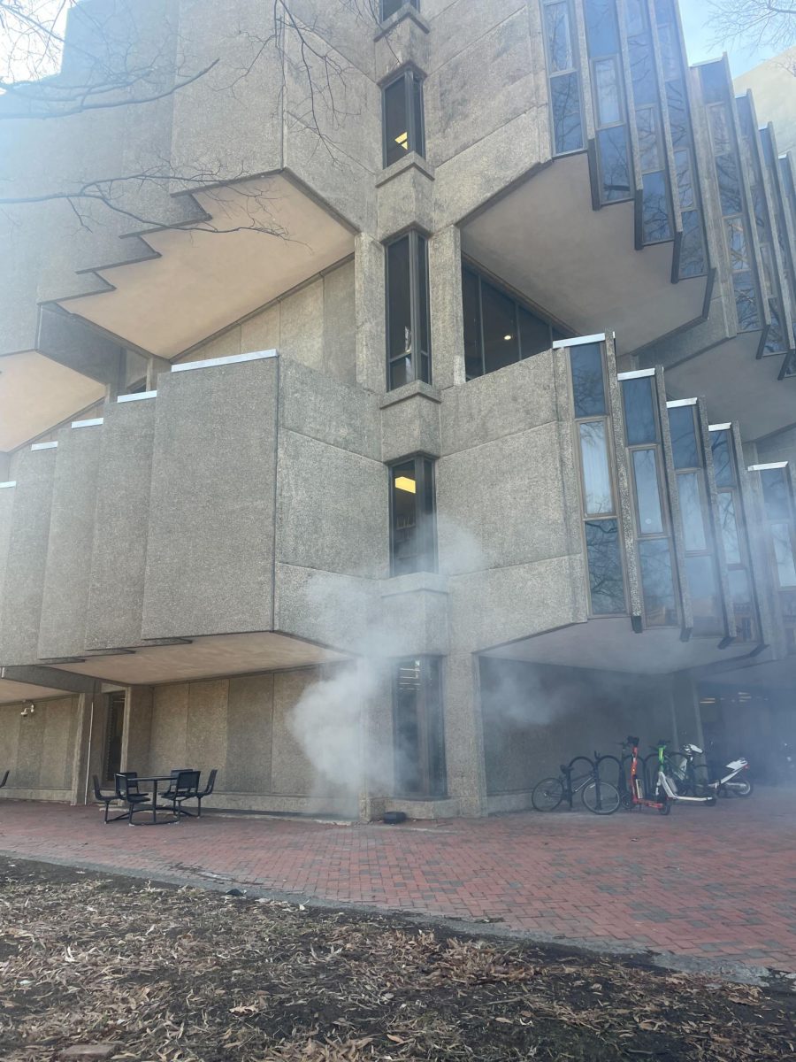 Smoke rose to the windows of the third floor of Lauinger Library.