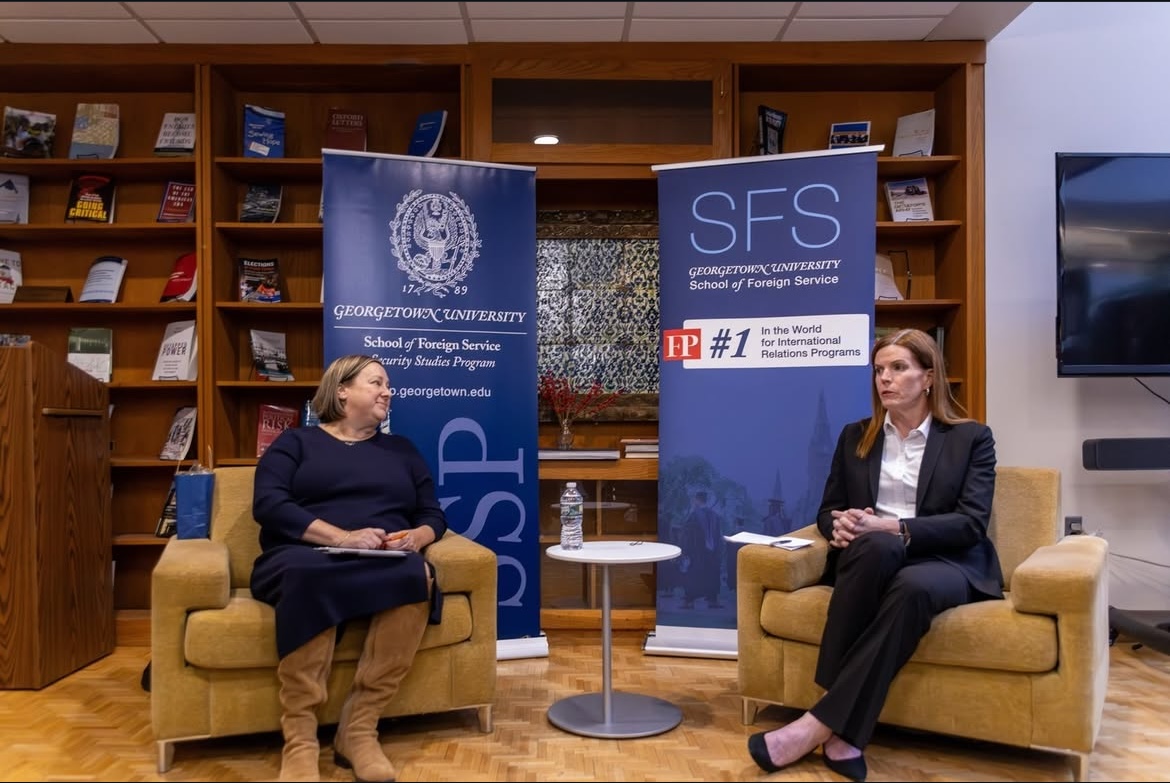 Deputy Under Secretary of Defense Shawn G. Skelly promotes fair and diverse military employment at an event moderated by Center for Security Studies leader Rebecca D. Patterson Jan. 13. 