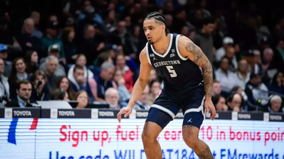 Graduate guard Micah Peavy gets set on defense during Georgetown's 64-63 win over Villanova Jan. 20. Peavy scored 24 points against the Wildcats, including the game-winning basket. (GU Hoyas)