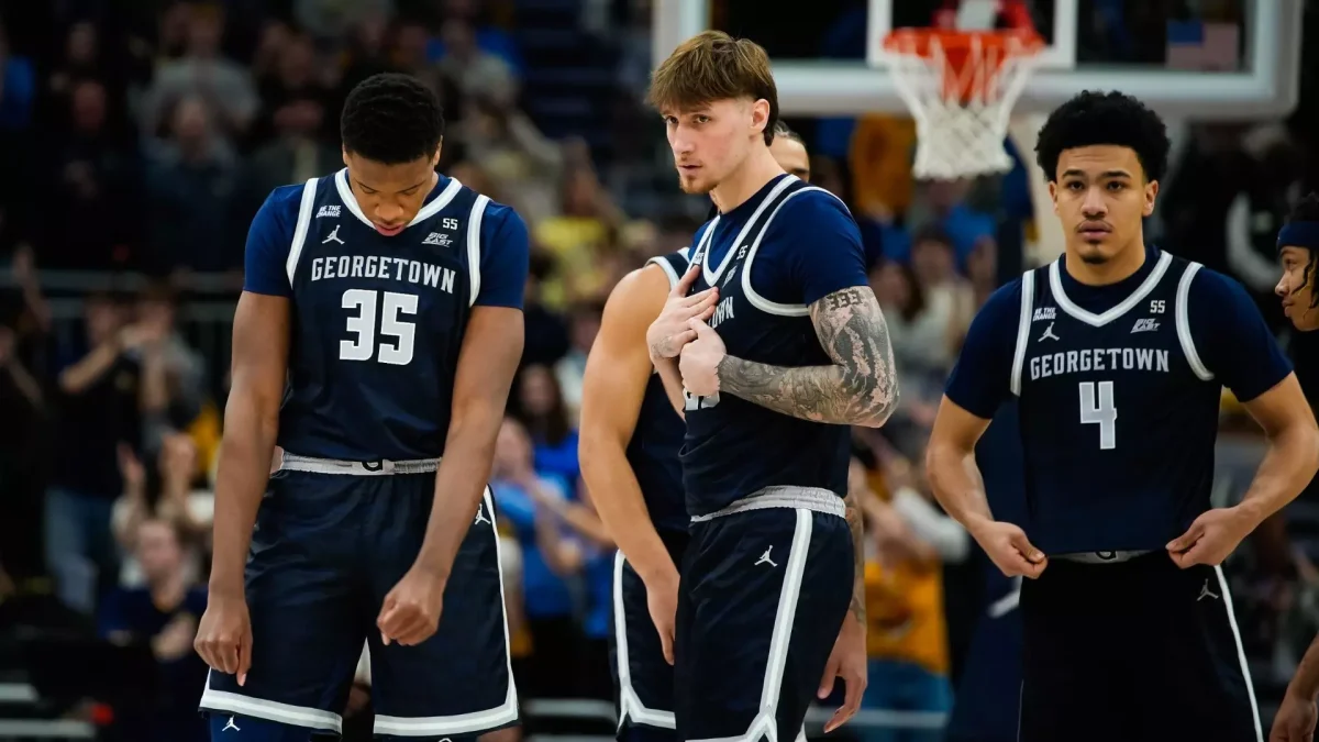 The Georgetown men's basketball team during a stoppage in play in their game against Marquette. The Hoyas lost to the Golden Eagles, 74-66. (GU Hoyas)