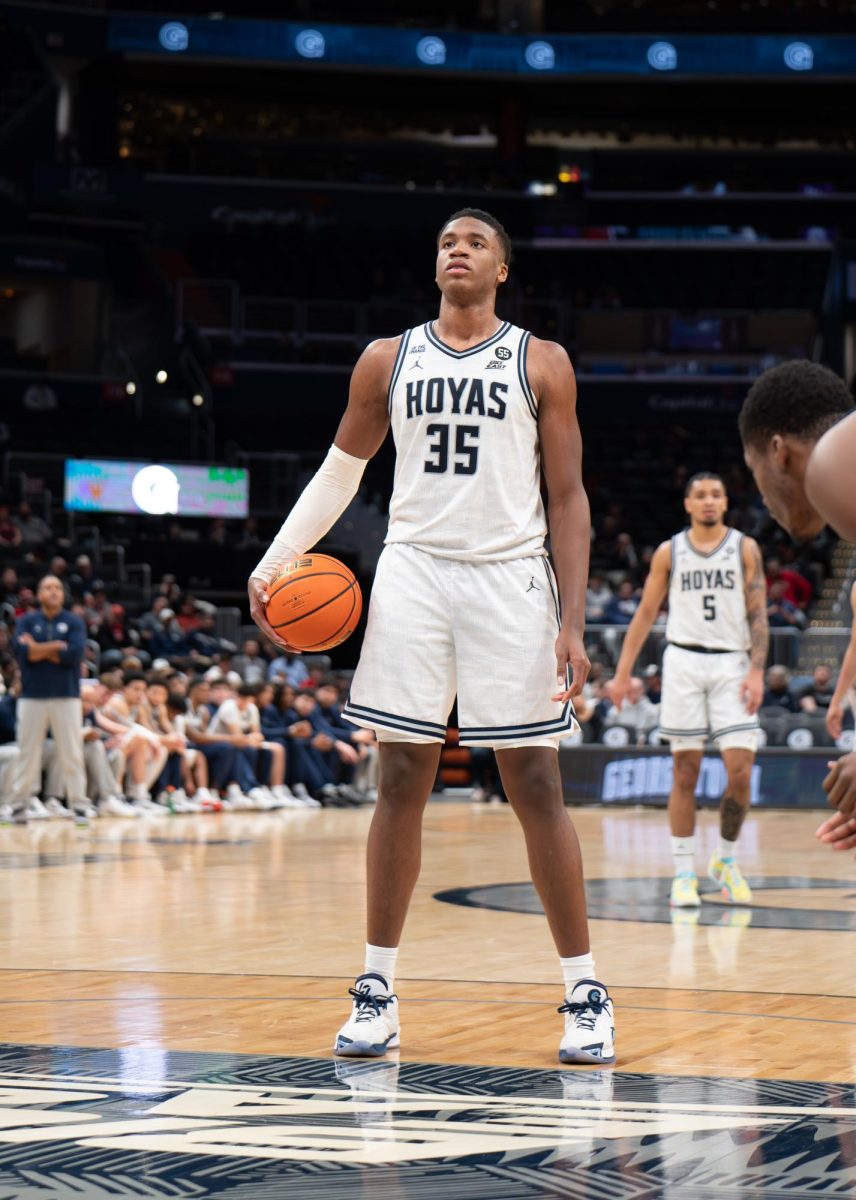 First-year center Thomas Sorber prepares to take free throws. He shot 2 of 4 at the line for the night, though he delivered a solid all-around performance with 8 points, 9 rebounds, 2 assists and 4 steals. (Meghan Hall/The Hoya)