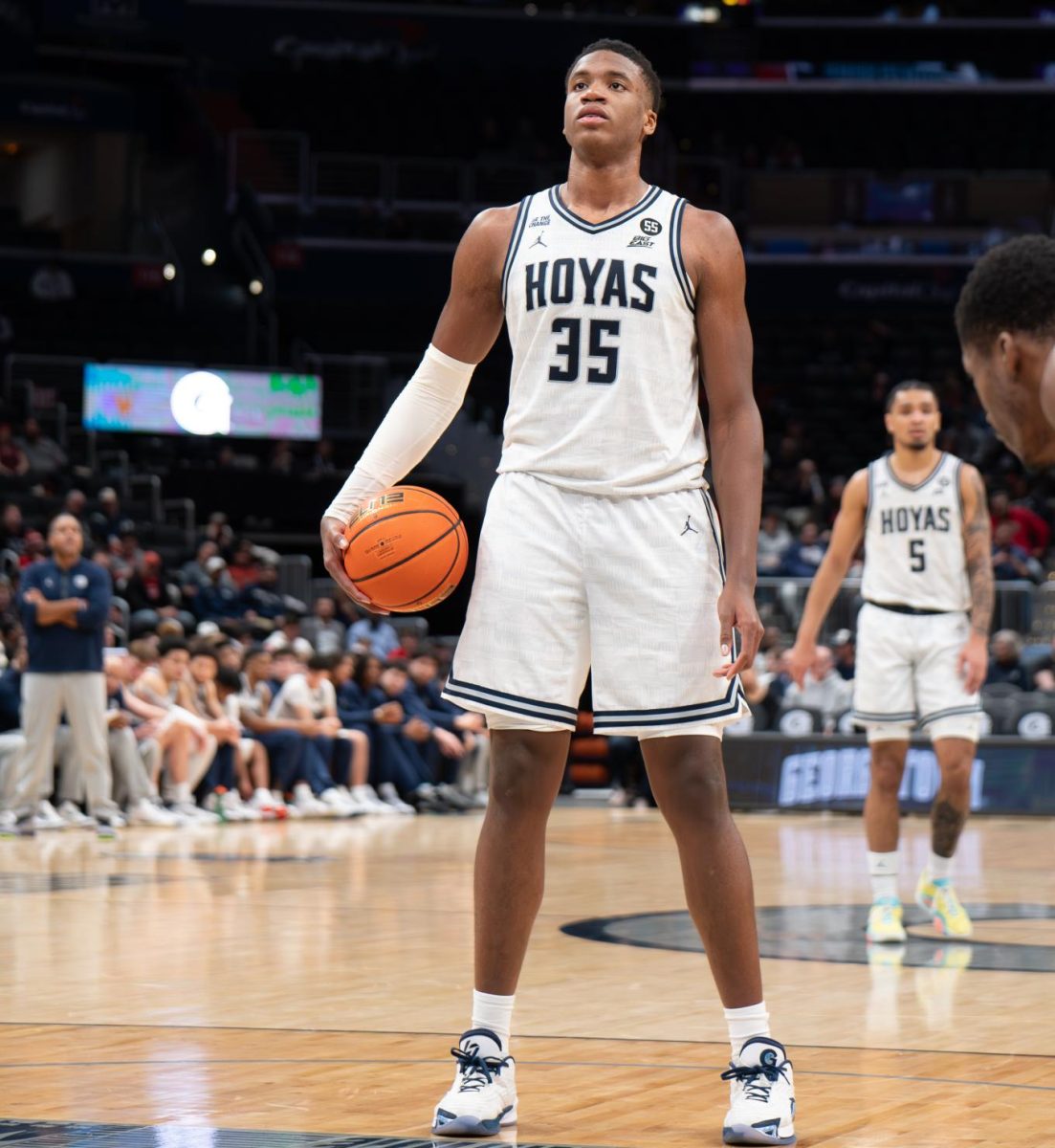 First-year center Thomas Sorber readies to take a free throw during Georgetown's game against St. John's Jan. 29. The team announced today that Sorber would be out for the remainder of the season after undergoing surgery on his left foot. 