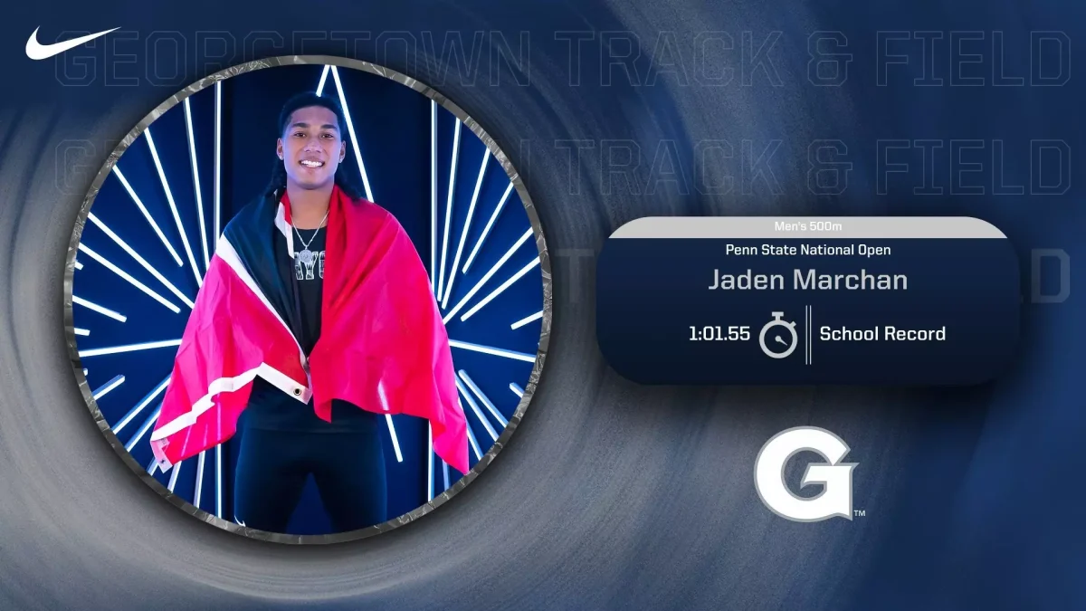 In a standout showing among an afternoon of many for the Hoyas, first-year sprinter Jaden Marchan broke the school record in the men's 500-meter race, finishing in 1:01.55. (GU Hoyas)