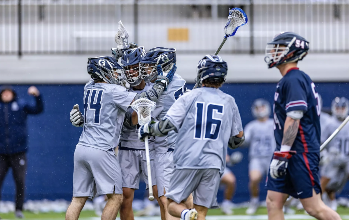 Georgetown men's lacrosse celebrates after scoring a goal against the University of Pennsylvania Quakers. (GUHoyas)