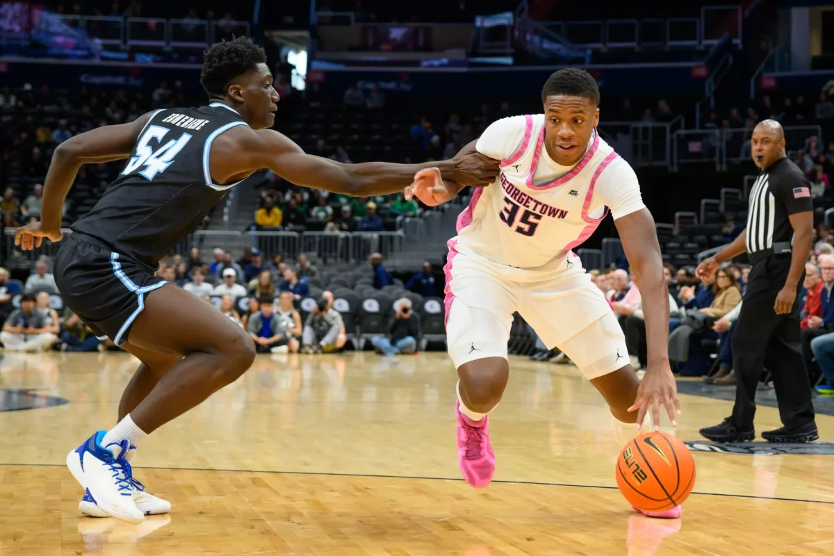 First-year center Thomas Sorber, who excelled in his first season on the Hilltop, declared for the 2025 NBA Draft on March 27. (GUHoyas)