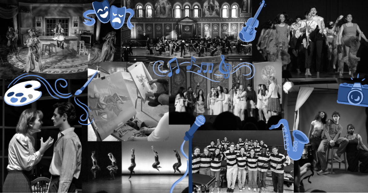 The arts provide Georgetown students with an outlet for expressing their identities, connecting with their peers and embodying the value of cura personalis. Illustration by Madeleine Ott, photos by Instagram/@georgetown_aah, Facebook/Georgetown GraceNotes, Instagram/@addedtothefile, Instagram/@gupepband, Facebook/Nomadic Theatre, Black Movements dance theater, Instagram/@georgetownrangila, YouTube/Georgetown University Orchestra