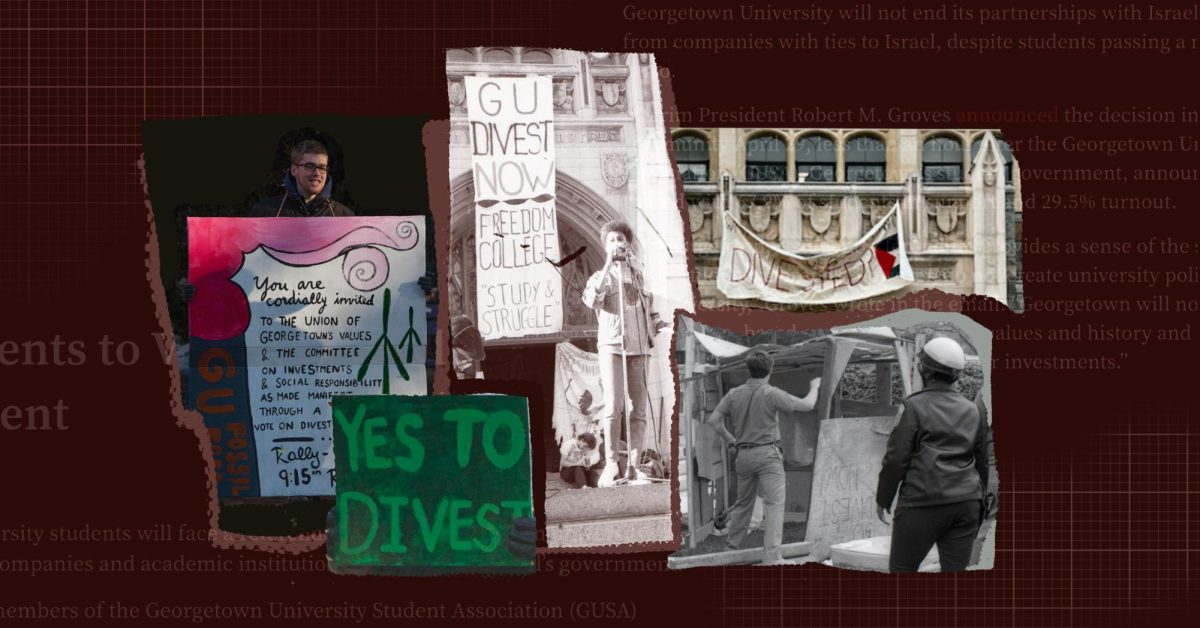 Georgetown student protesters face new threats to free speech in an increasingly fraught political climate, as they launch new calls for university divestment. | Illustration by Aria Zhu, photos by Ajani Stella, Isabel Binamira, and University Archives / The Hoya.