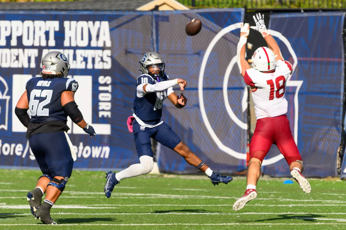 Senior quarterback Dez Thomas II threw for 165 yards and rushed for two touchdowns, as the Hoyas beat the Raiders 21-17.