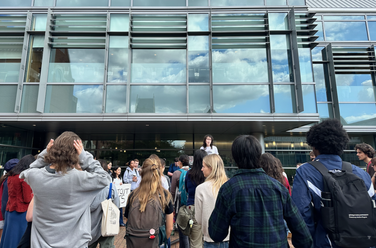 The protesters marched from Red Square to the Leavey Esplanade, where they protested a meeting of the Advisory Committee on Business Practices, a body advising the university’s business policies and commitment to social justice, that was taking place in the adjacent Regents Hall.