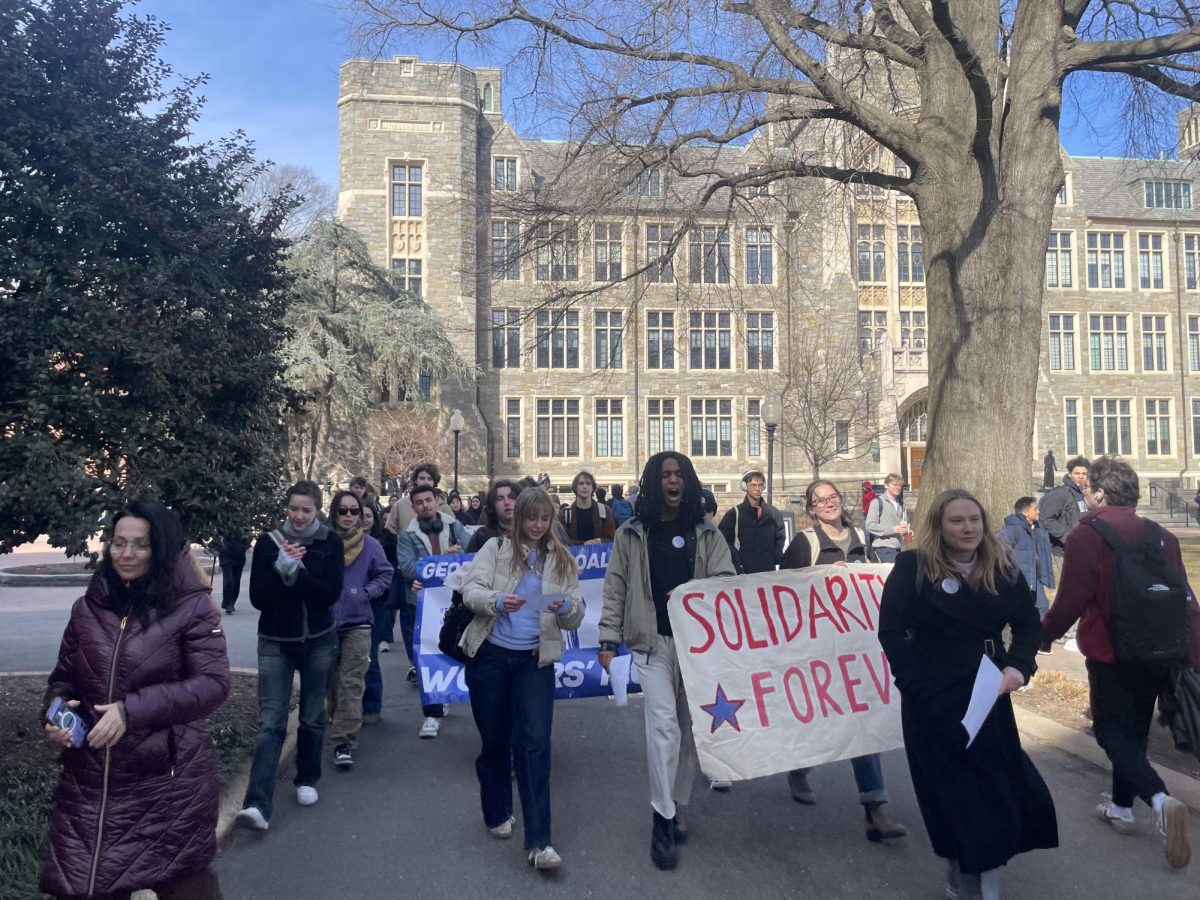 Georgetown University students protested in Red Square on Feb. 24 in support of facility workers in advance of contract negotiations on Wednesday.