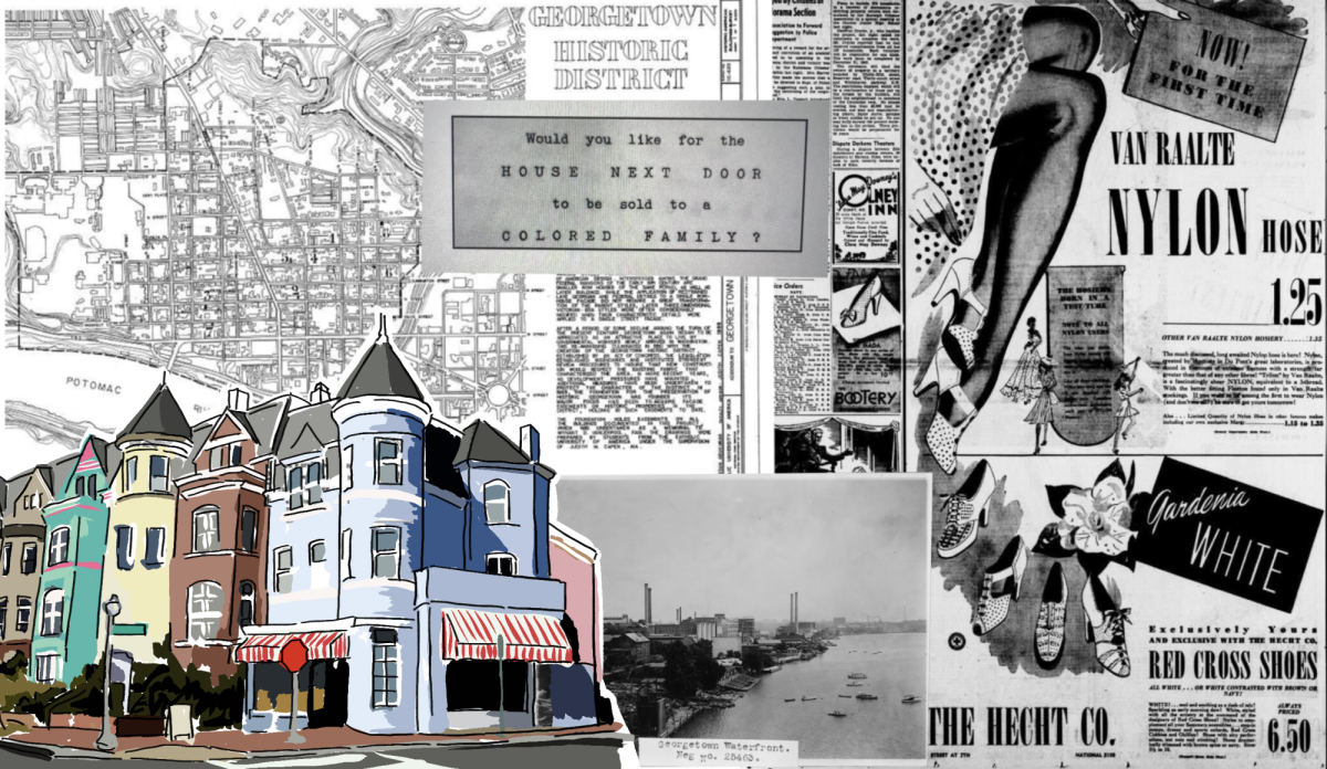 Since the 1930s, Washington, D.C. housing policies have pushed Black residents out of Georgetown, making the neighborhood more racially and economically homogenous. | Illustration by Madeleine Ott/The Hoya, Photos by Library of Congress, Courtesy of Kishan Putta
