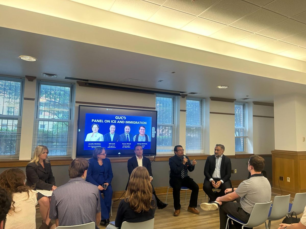 Four panelists discuss Immigration and Customs Enforcement (ICE) reform at an event hosted by Georgetown University College Democrats (GUCD), April 22.